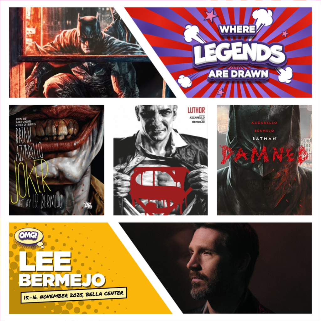 Collage of Lee Bermejo's work alongside a portrait of him. All arranged in a comic book style frame.