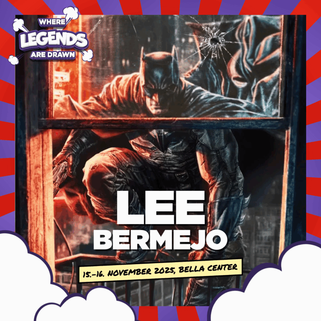 Image with red and purple striped frame and little white clouds at the bottom. In the back there's an illustration made by Lee Bermejo