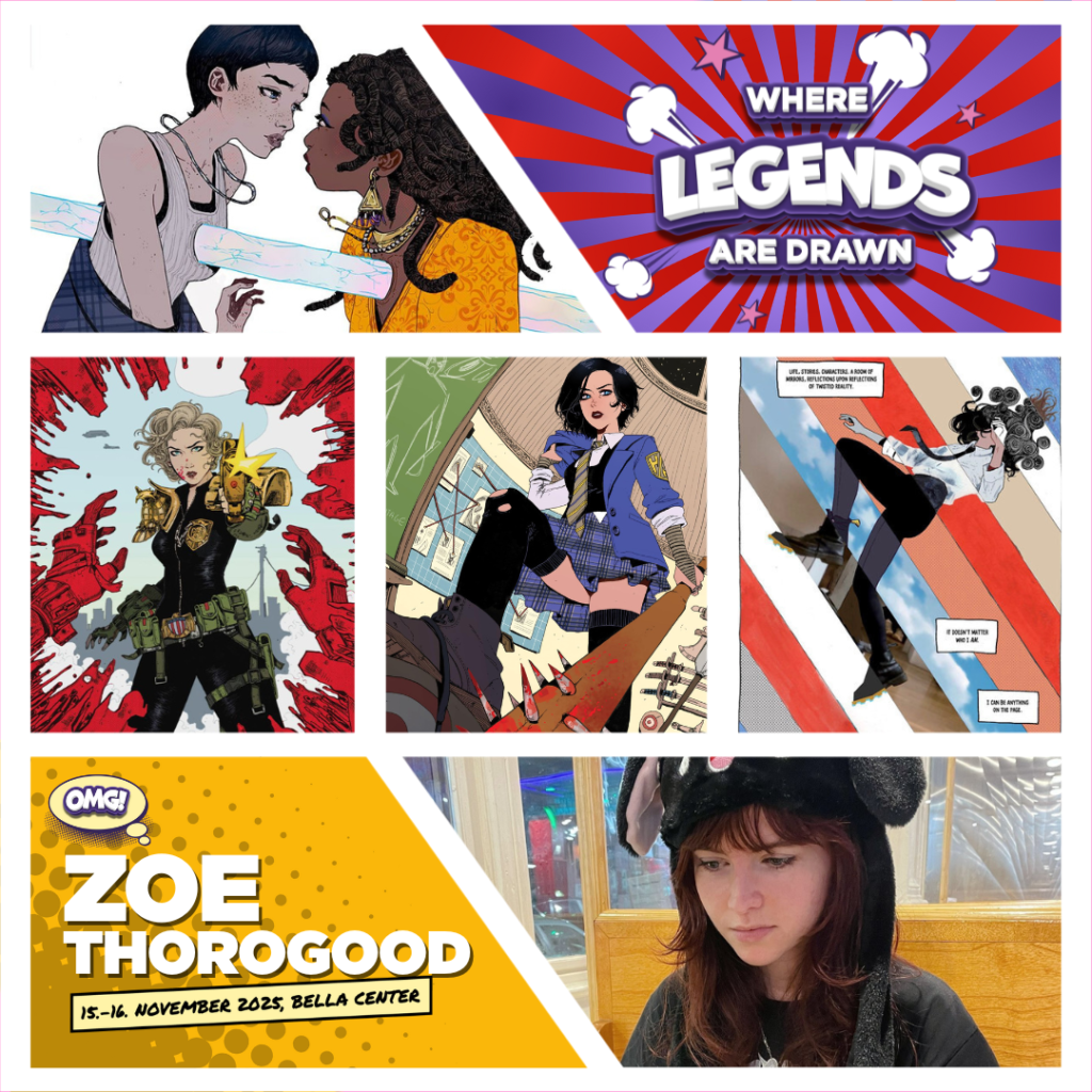 Collage of Zoe Thorogoods work alongside a portrait of her. All arranged in a comic book style frame.