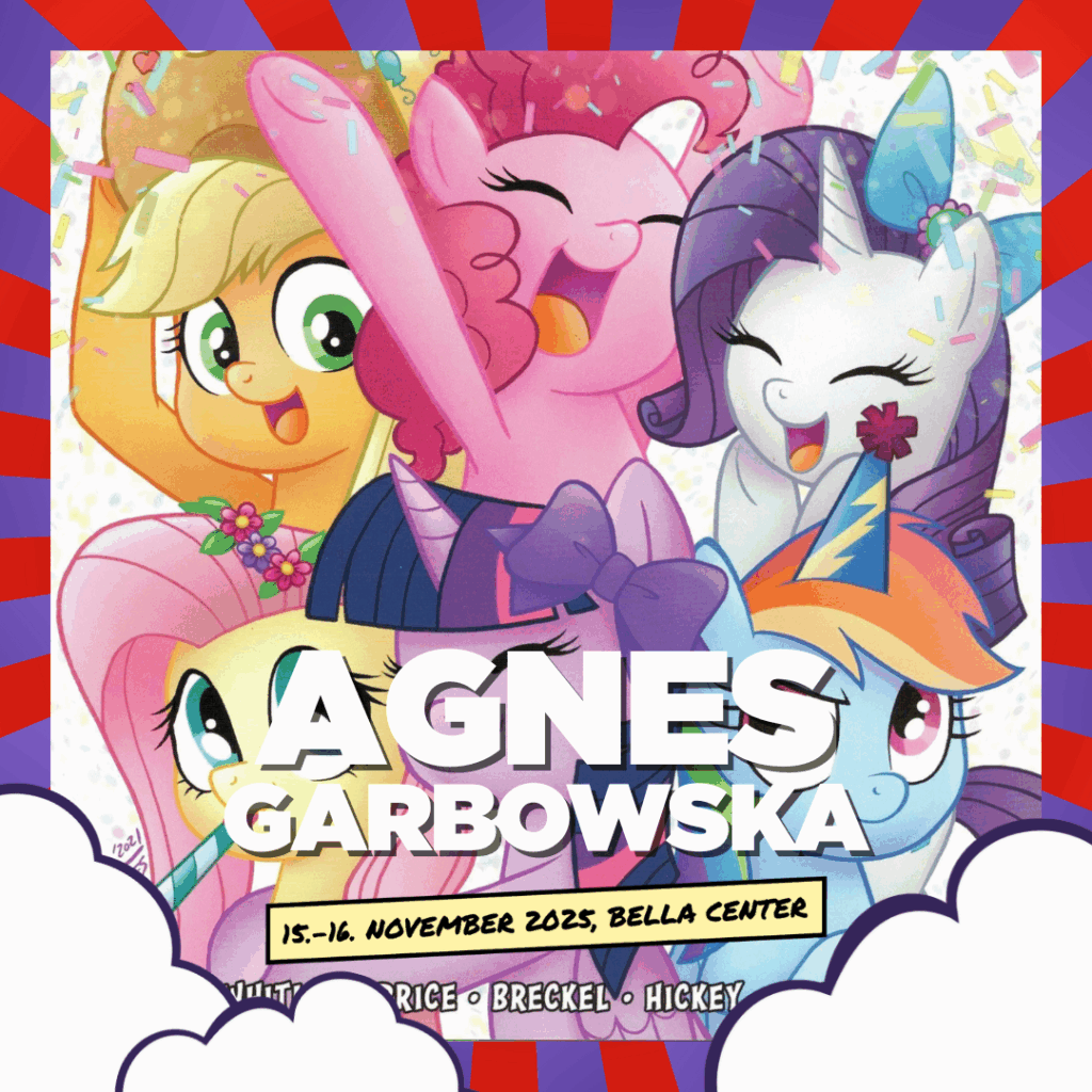 Image with red and purple striped frame and little white clouds at the bottom. In the back there's an illustration made by Agnes Garbowska