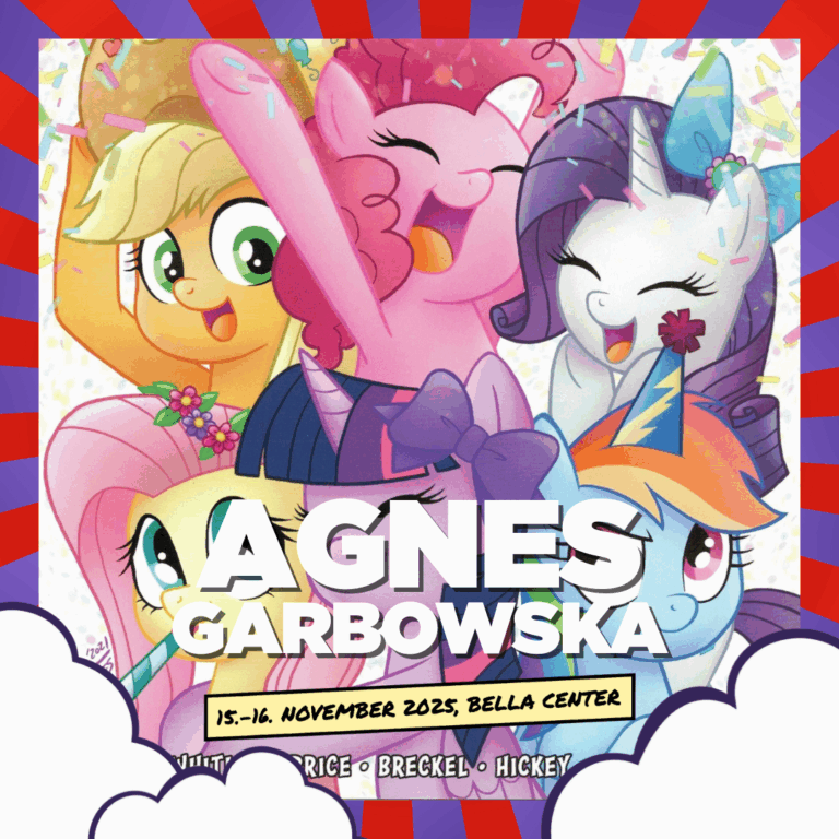 Image with red and purple striped frame and little white clouds at the bottom. In the back there's an illustration made by Agnes Garbowska