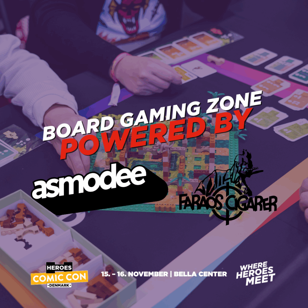 Annoncement post for Board Gaming Zone with logos from Asmodee and Faraos Cigarer overlaid