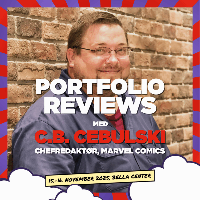 Photo of C.B. Ceulski the Editor in Chief of Marvel. Overlaid is text with "Portfolio Review med CB Cebulski" overlaid.