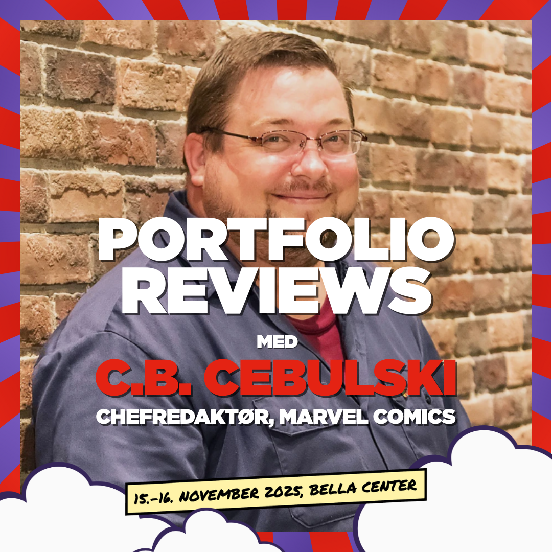 Photo of C.B. Ceulski the Editor in Chief of Marvel. Overlaid is text with "Portfolio Review med CB Cebulski" overlaid.