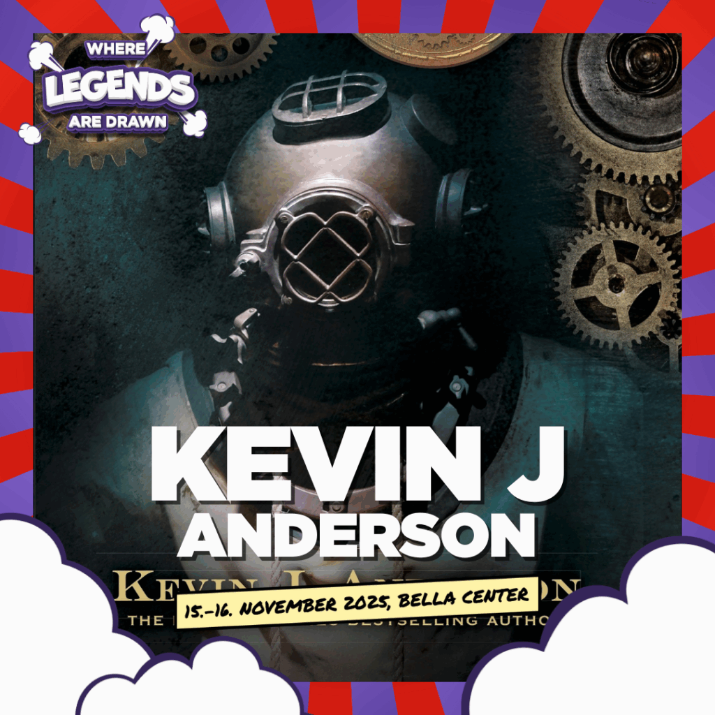 Image with red and purple striped frame and little white clouds at the bottom. In the back there's an illustration of a book written by Kevin J. Anderson