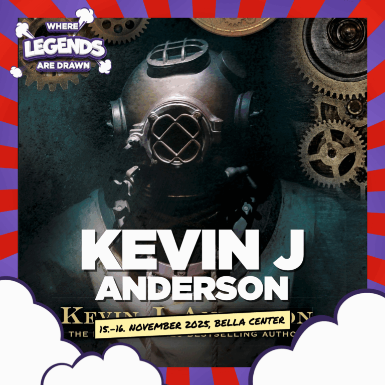Image with red and purple striped frame and little white clouds at the bottom. In the back there's an illustration of a book written by Kevin J. Anderson