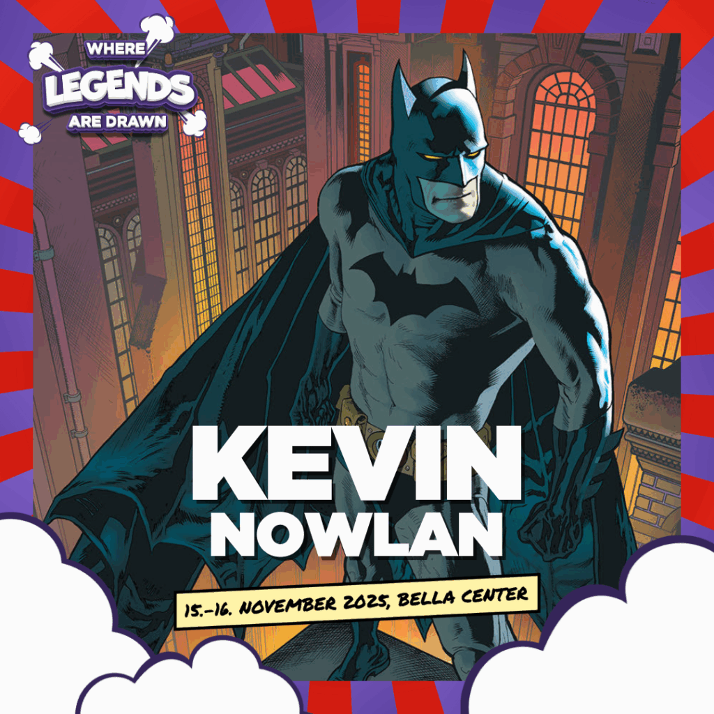 Image with red and purple striped frame and little white clouds at the bottom. In the back there's an illustration made by Kevin Nowlan