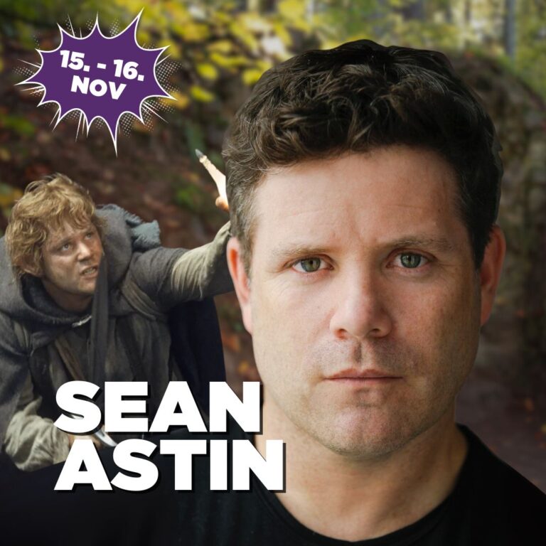 Portrait of Sean Astin. In the background there is a blurry forest and an image of him from Lord of the rings.