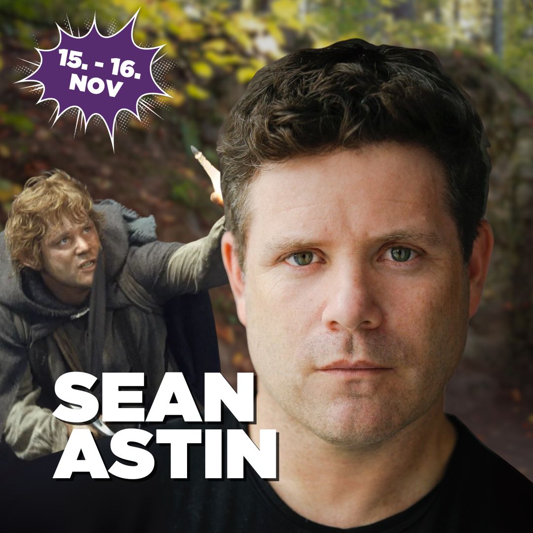 Portrait of Sean Astin. In the background there is a blurry forest and an image of him from Lord of the rings.