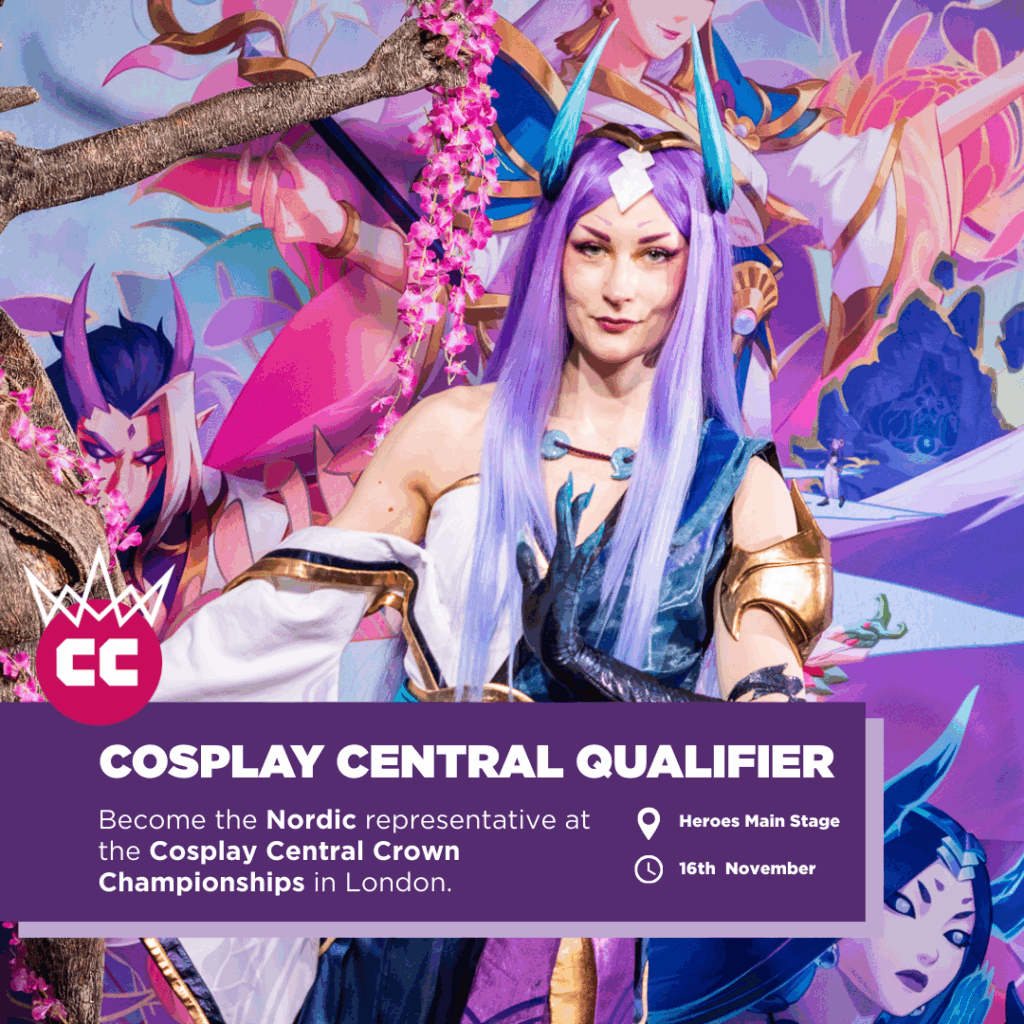Image of a League of Legends Spirit Blossom Irelia cosplay by Elveacos. Overlaid is text regardin the cosplay crown central qualifier.