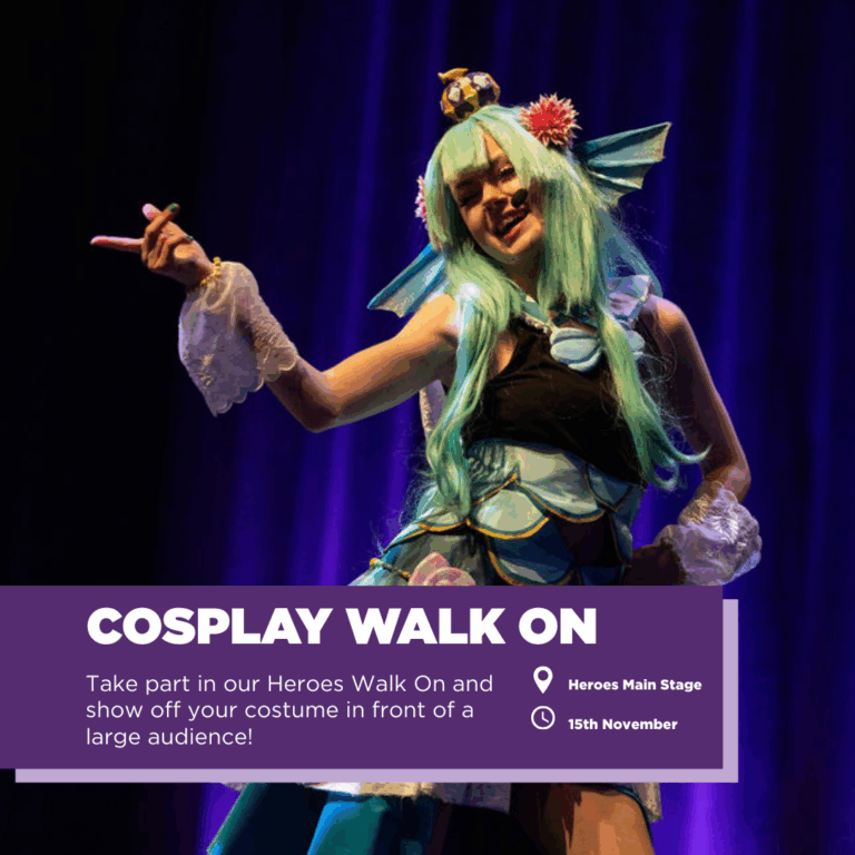 Image of a cosplayer on stage. The text "Cosplay Walk on" is overlaid with some information about the activity