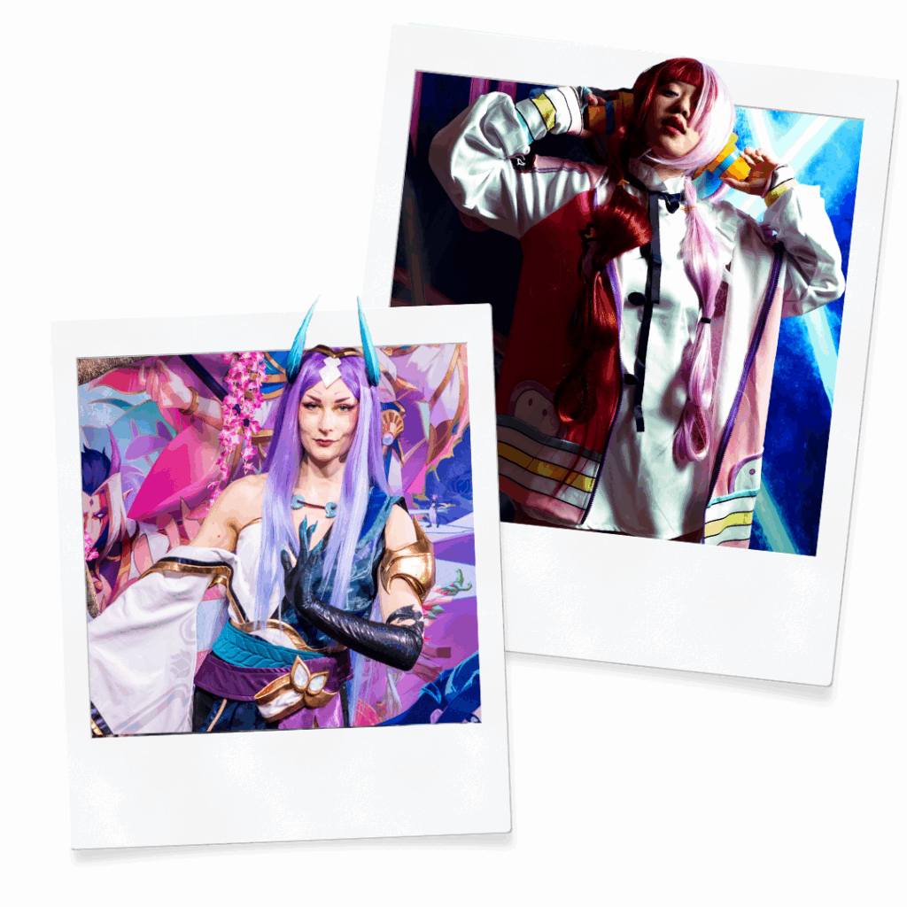 Two polaroids of cosplayers from Leauge of Legends and One Piece.