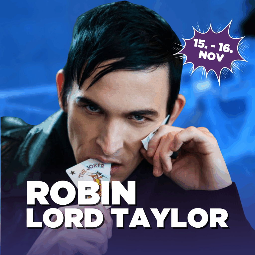Portrait of Robin Lord Taylor from his role as the Penguin in the Fox series Gotham against a blue background.