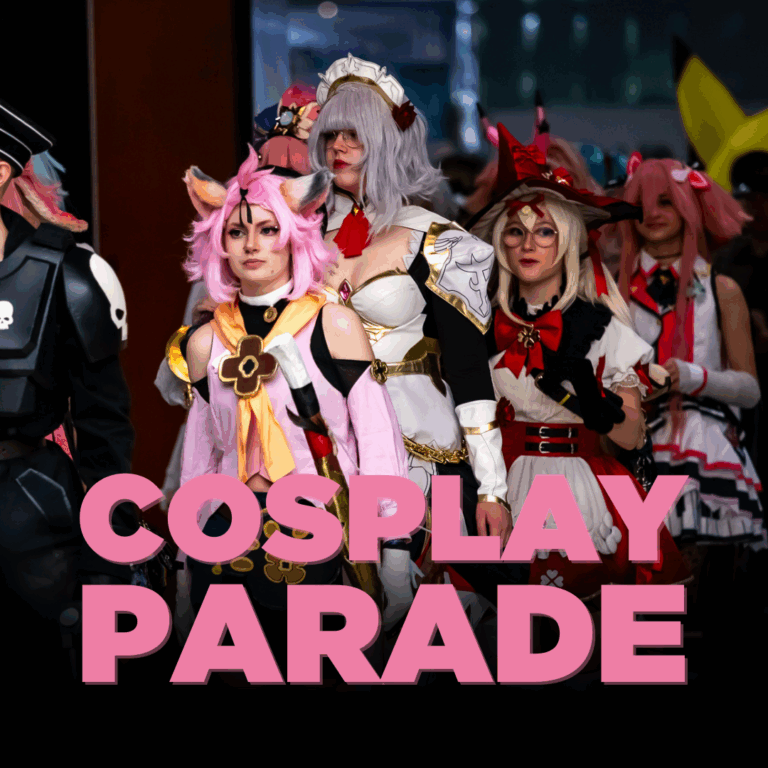 image of Genshin Impact cosplayers in a cosplay parade. The text Cosplay Parade is overlaid on the image