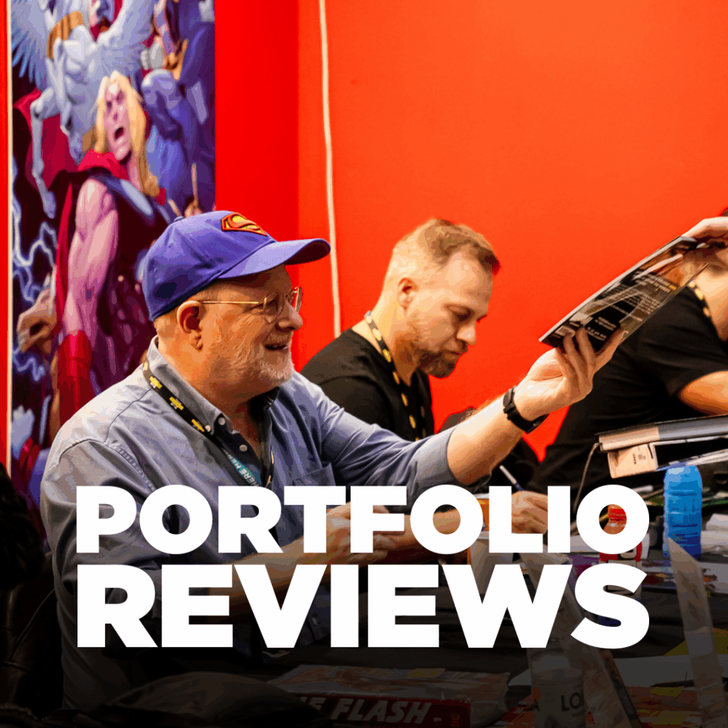 comic artist accepting a folder. Promotional image for Portfolio reviews