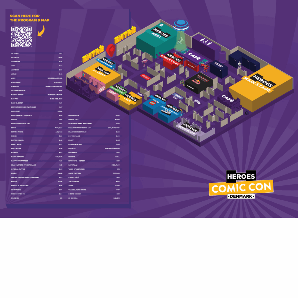 The floor plan of comic con denmark with a exhibitor list