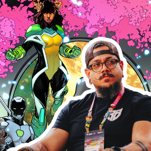 Portrait of the comic artist RB Silva infront of his illustration of an xmen cover