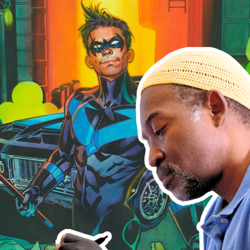 Promo image of Brian Stelfreeze drawing infront of a Nightwing illustration