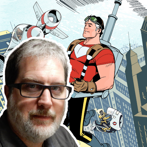 Portrait of the comic artist Chris Sprouse infront of his illustration