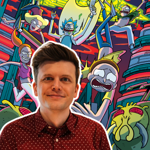 Portrait of Marc Ellerby in front of one of his illustrations