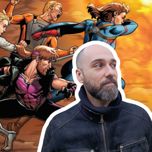 Portrait of Pere Perez in front of one of his illustrations.