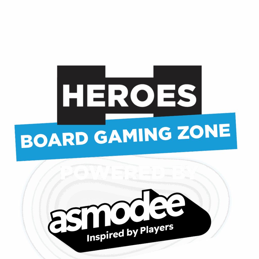 Heroes Board Gaming Zone logo with a Powered by Asmodee under.