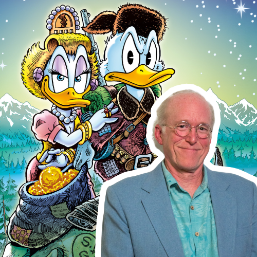 Portrait of Don Rosa in front of one of his illusrations