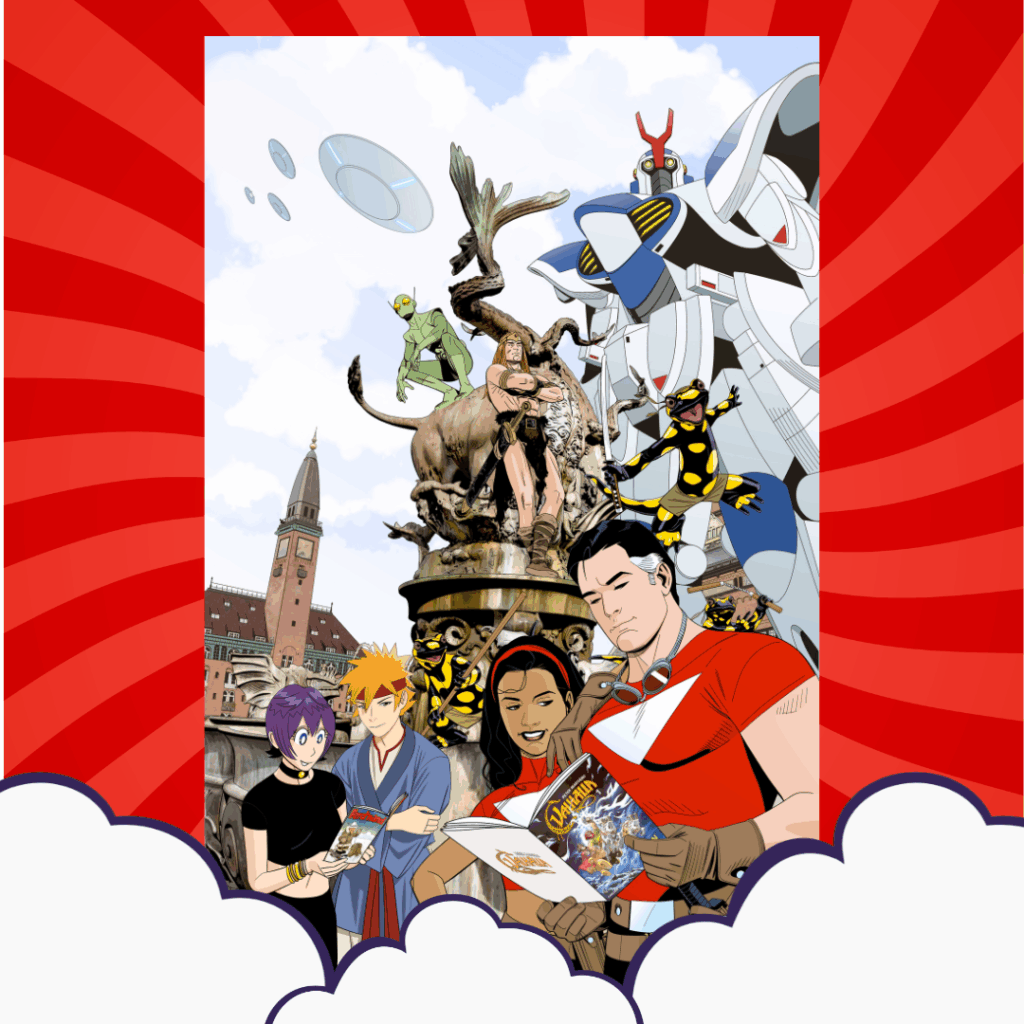 The official Comic Con poster in a red frame with clouds at the bottom.