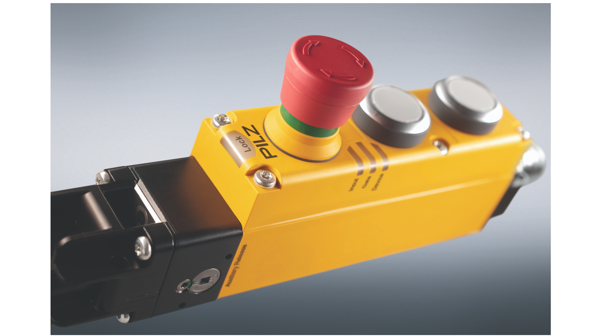 New compact safety gate system PSENmgate from Pilz as the complete system for safe guard locking and operation – Compact, combined safety – Energy-efficient guard locking + operation!