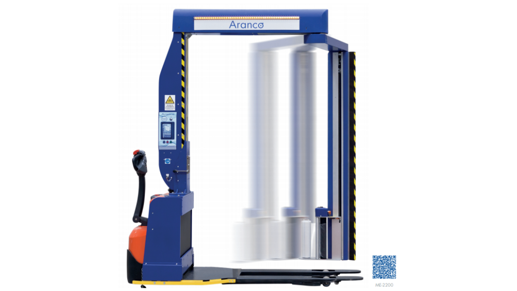 Mobiler Palettenwickler ME-2200 mit Dreharm. Verpackt bis zu 40 Paletten/Stunde. CE-zertifiziert, sicher dank Lasersensor, fernvernetzt für Wartung. Ideal für WaaS mit geringerem Folienverbrauch und schnellem Vor-Ort-Service.