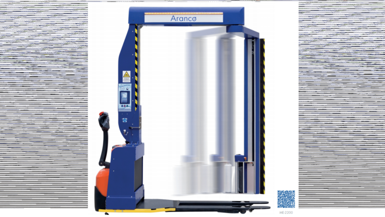 Mobile pallet wrapper ME-2200 with rotating arm. Wraps up to 40 pallets/hour. CE-certified, safe thanks to laser sensor, remotely connected for maintenance. Ideal for WaaS with reduced film usage and fast on-site service.