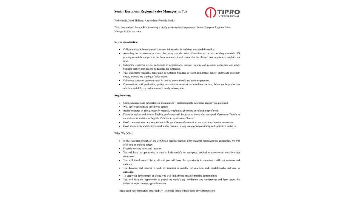 Senior European Regional Sales Manager(m/f/d)