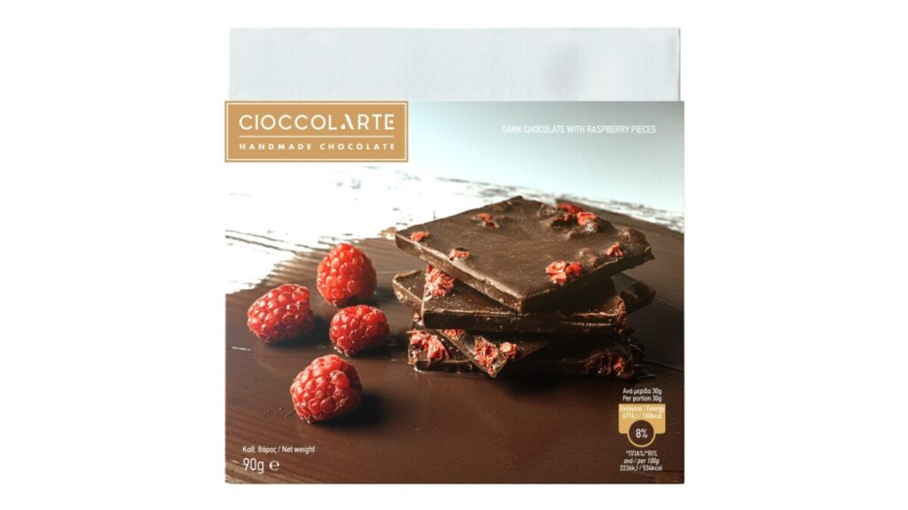 DARK CHOCOLATE WITH RASPBERRY PIECES 90GR