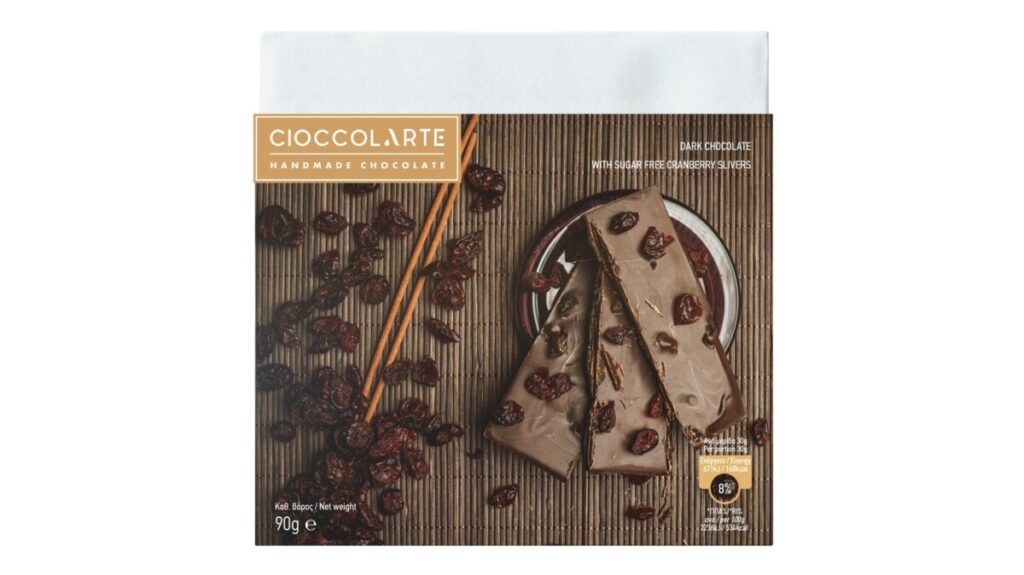 DARK CHOCOLATE WITH SUGAR FREE CRANBERRY SLIVERS 90GR