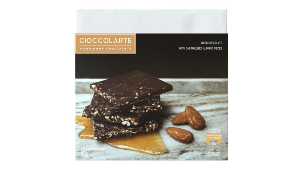 DARK CHOCOLATE WITH CARAMELIZED ALMOND PIECES 90GR