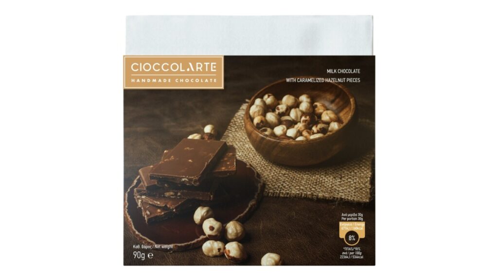MILK CHOCOLATE WITH CARAMELIZED HAZELNUT PIECES 90GR