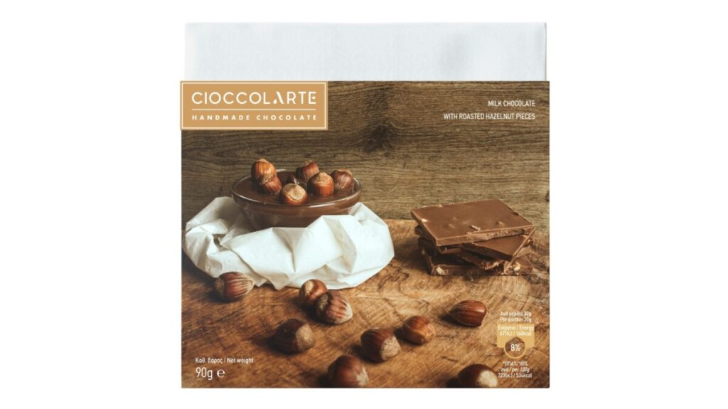 MILK CHOCOLATE WITH ROASTED HAZELNUT PIECES 90GR