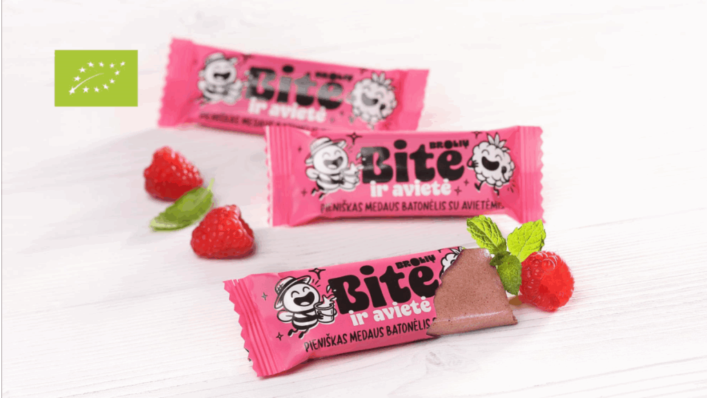 Organic honey and milk bar with raspberries “Broliu Bite”