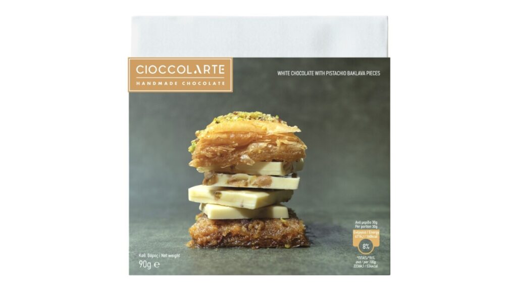 WHITE CHOCOLATE WITH PISTACHIO BAKLAVA PIECES 90GR
