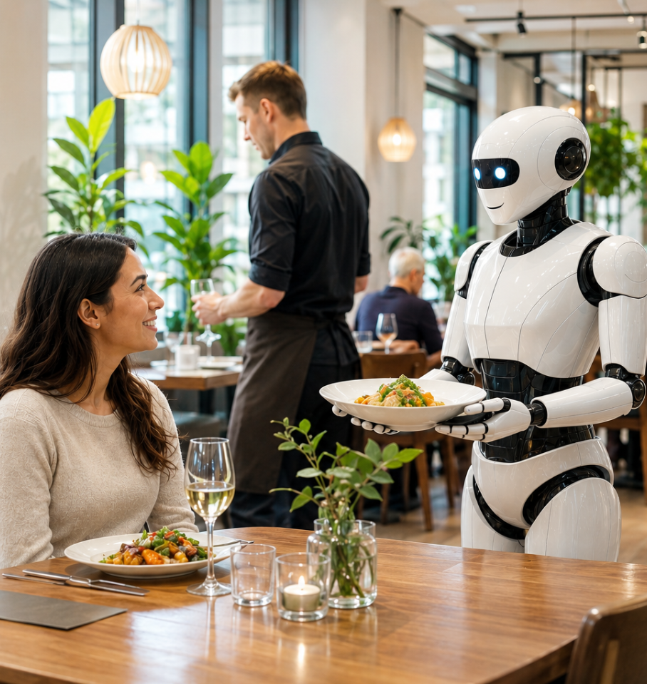 AI robot serverar kvinna mat på restaurang