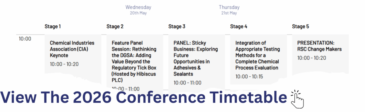 Logo with a blue hexagonal symbol containing a stylized P, next to the text PROCESS & CHEMICAL ENGINEERING SHOW in blue capital letters.
