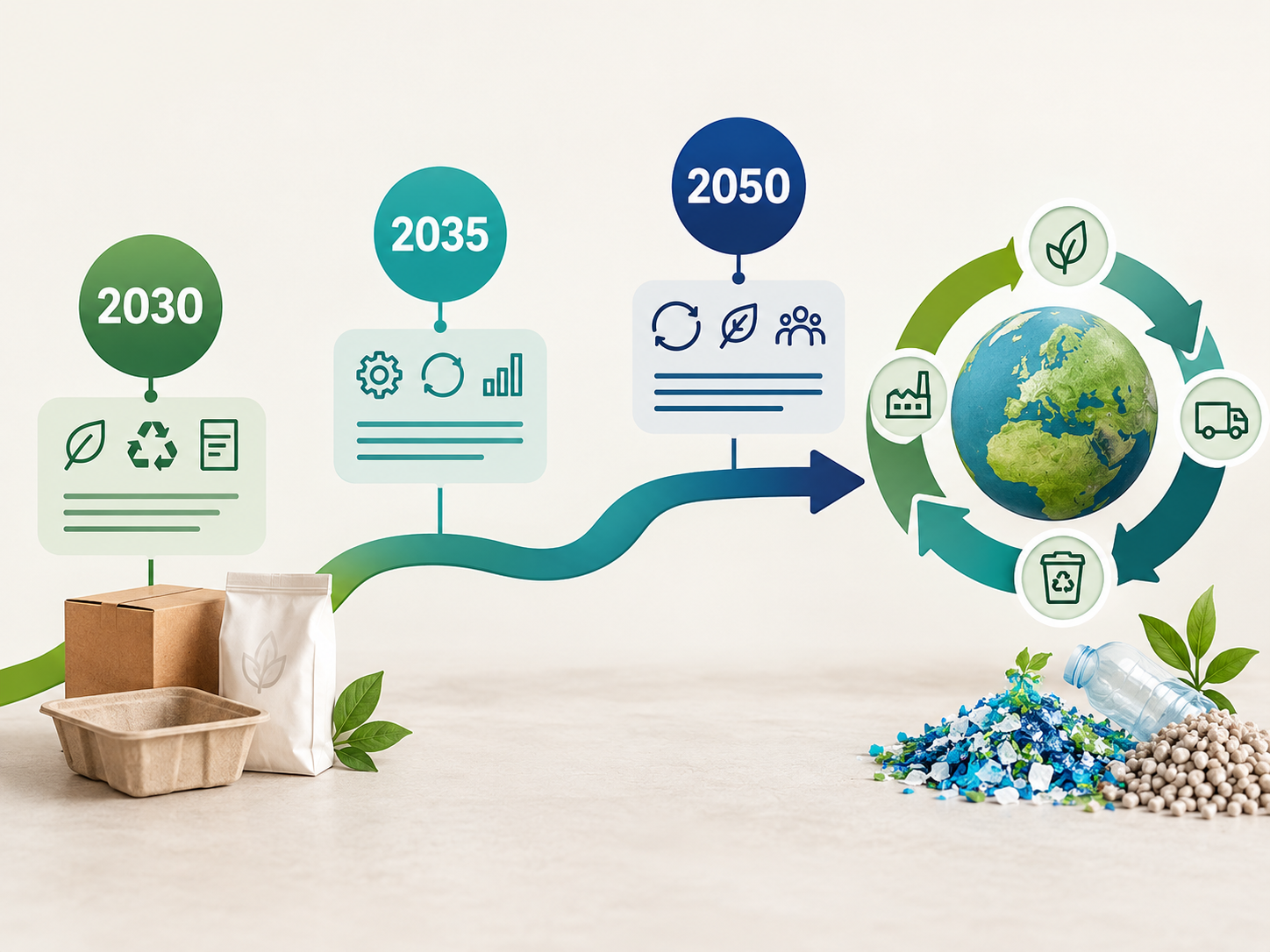 Tijdlijn naar circulaire economie met wereldbol en recyclepijlen
