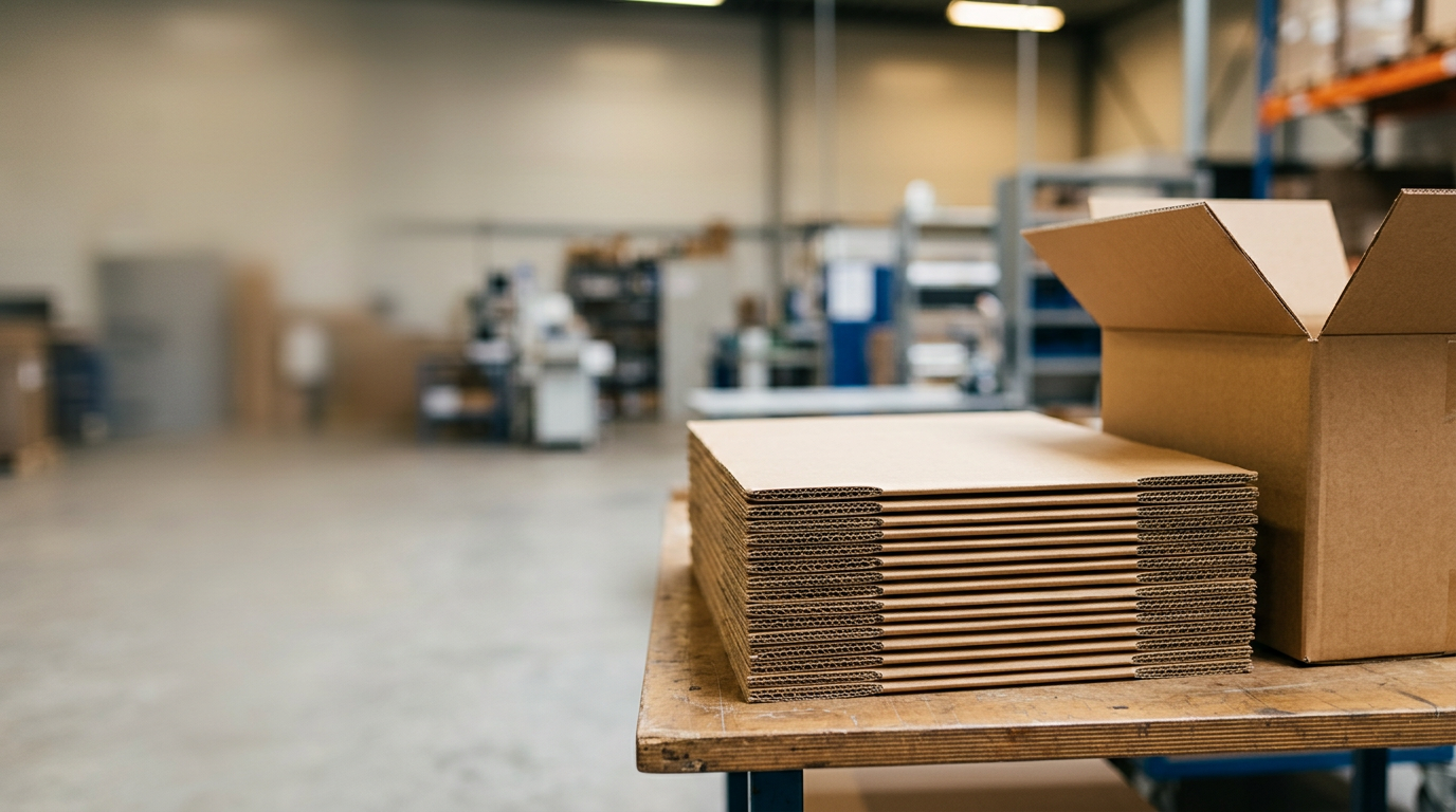 Kartonnen dozen op werktafel in magazijn