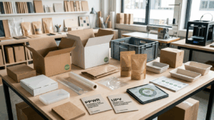 Duurzame verpakkingsmaterialen en dozen op werktafel