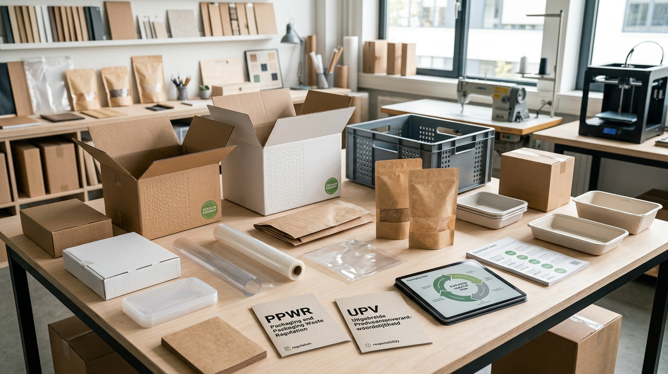 Duurzame verpakkingsmaterialen en dozen op werktafel