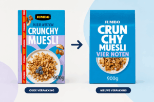 Oude en nieuwe verpakking Jumbo crunchy muesli vier noten