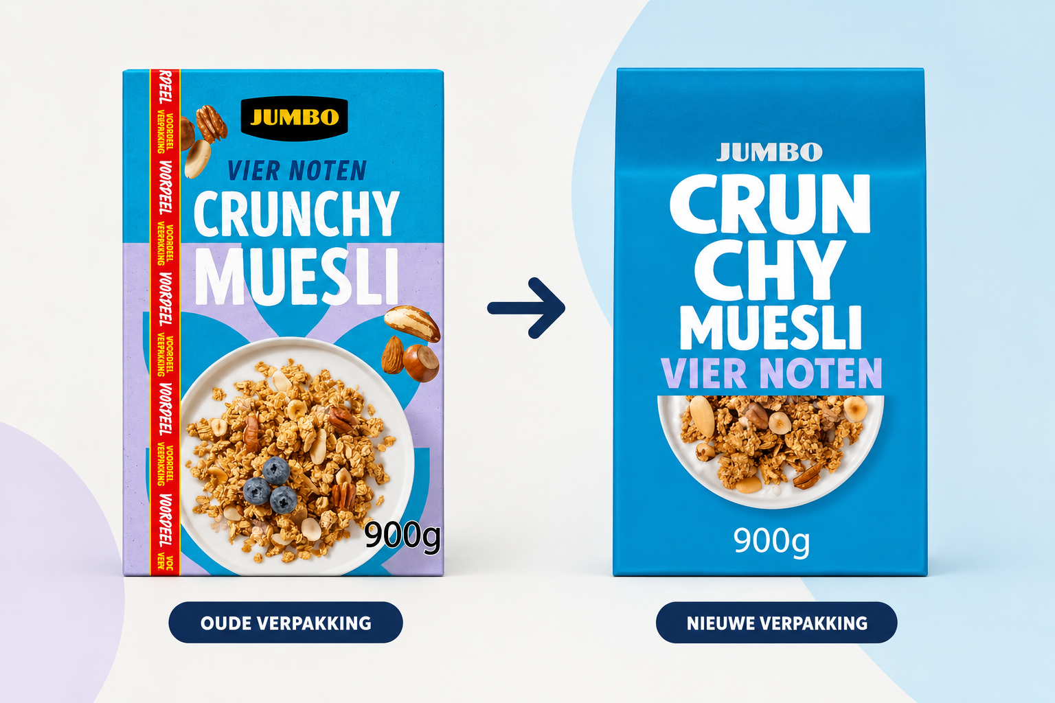 Oude en nieuwe verpakking Jumbo crunchy muesli vier noten