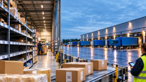 Magazijn met pakketten, transportband en vrachtwagens bij laadperrons