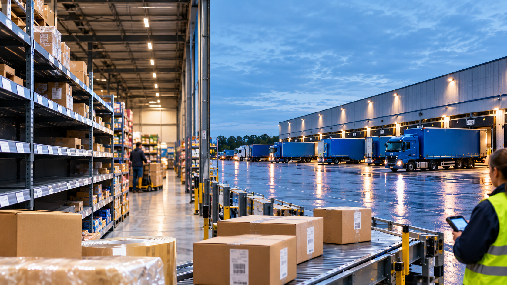Magazijn met pakketten, transportband en vrachtwagens bij laadperrons