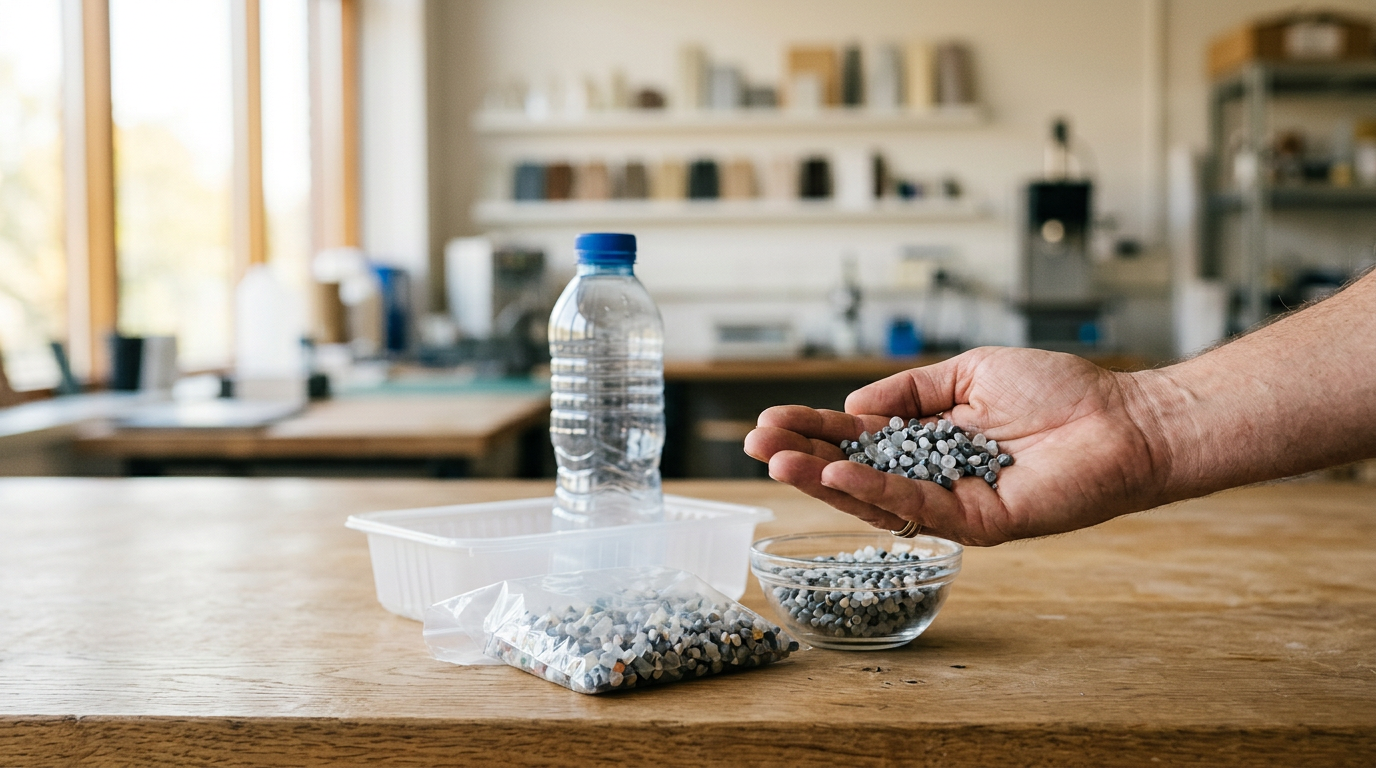 Hand met kunststofkorrels naast plastic fles op werkbank